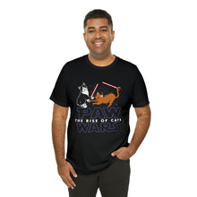Load image into Gallery viewer, Star Wars Cat T-Shirt. Paw Wars. Rise of Cats. Rise of Skywalker. Black Shirt.