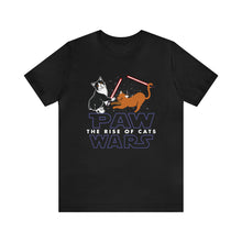 Load image into Gallery viewer, Star Wars Cat T-Shirt. Paw Wars. Rise of Cats. Rise of Skywalker. Black Shirt.