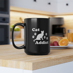 Black Coffee Mug 15oz: Cat Addict